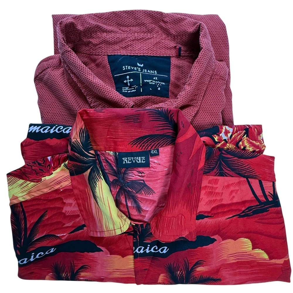 Lot of 2 Mens 4XL Shirts Revue Jamaica Hawaiian & Steve's Jeans Red Button Down